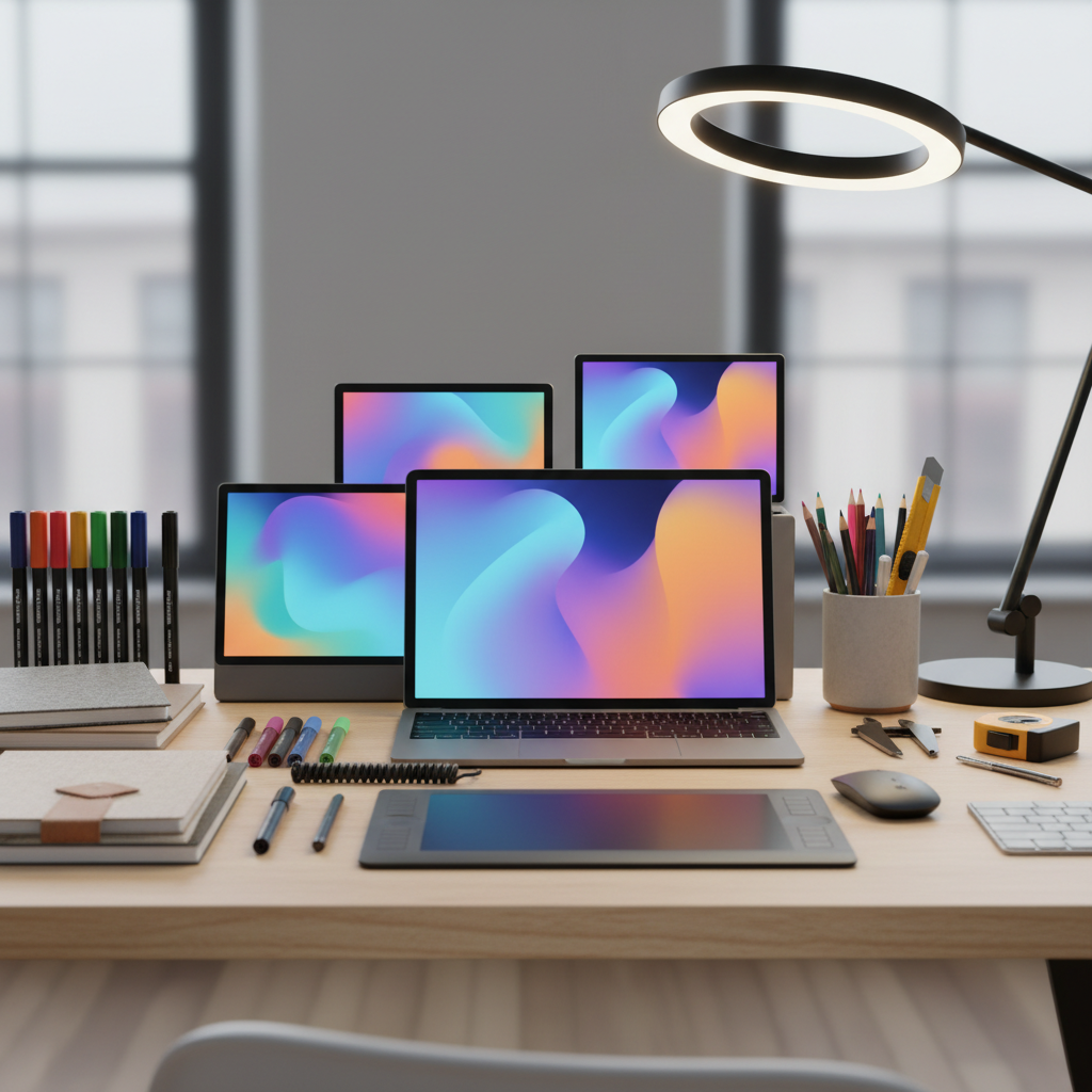 Colorful design mockups on bright screen in modern studio with daylight, vibrant workspace