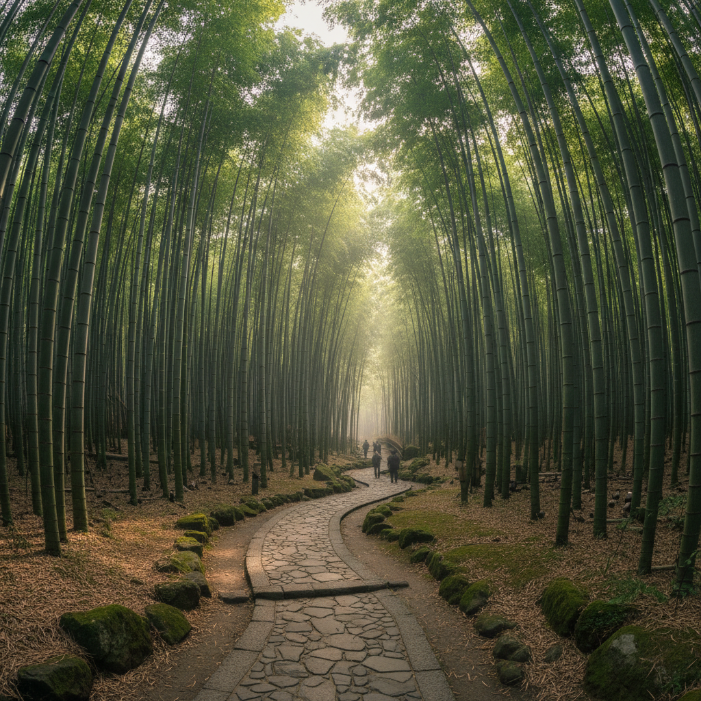Kyoto bamboo grove path in morning light