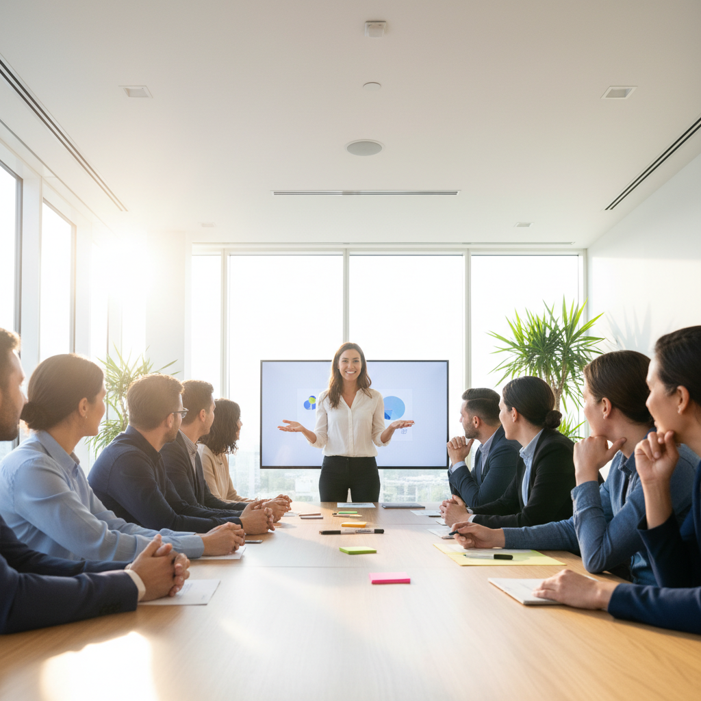 Professional woman smiling confidently during a presentation, well-lit conference room