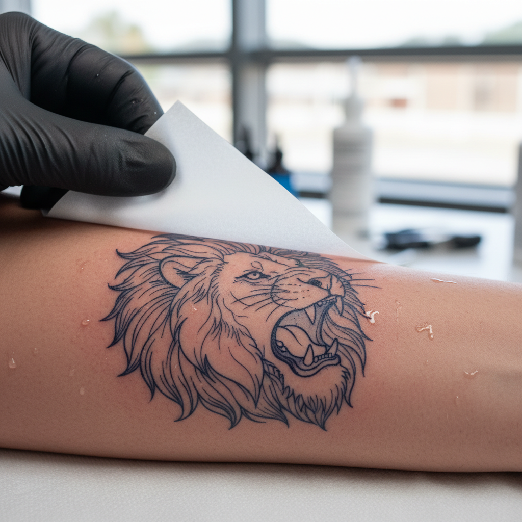 Stencil being lifted from skin revealing fresh tattoo outline