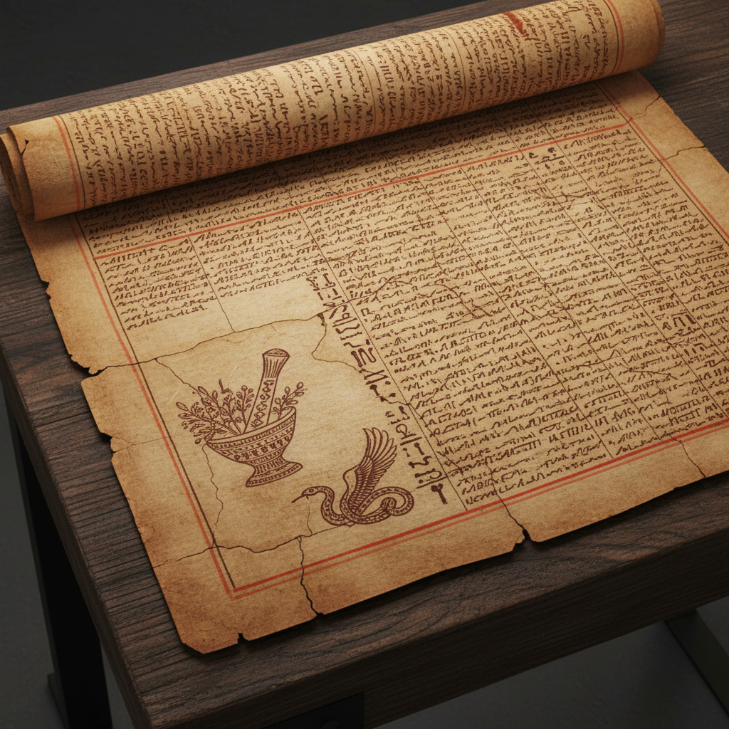 Archaeological papyrus scroll with ancient Egyptian writing, sepia tones, museum quality