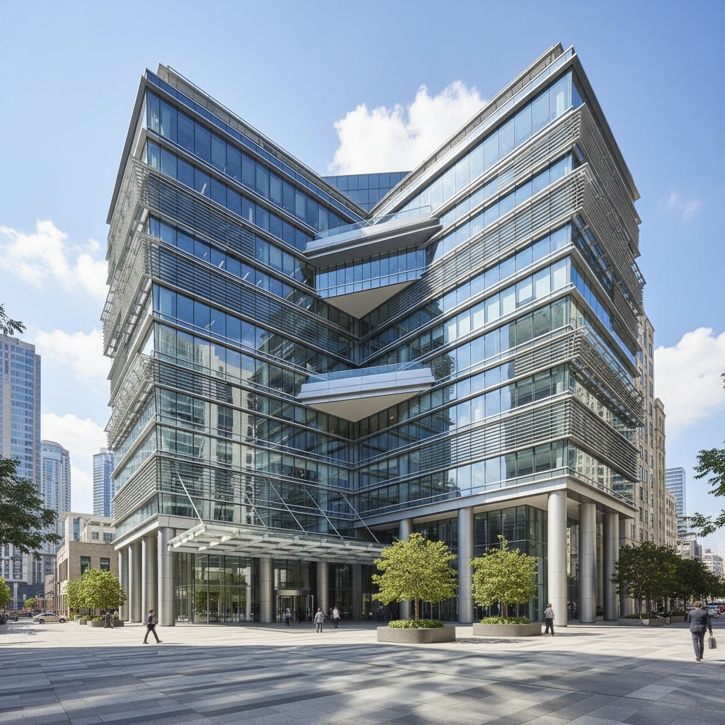 Modern commercial office building exterior with glass facade, bright daylight