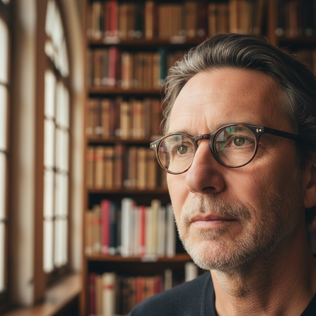 Portrait of Édouard Renard, a French book editor with glasses in a library environment