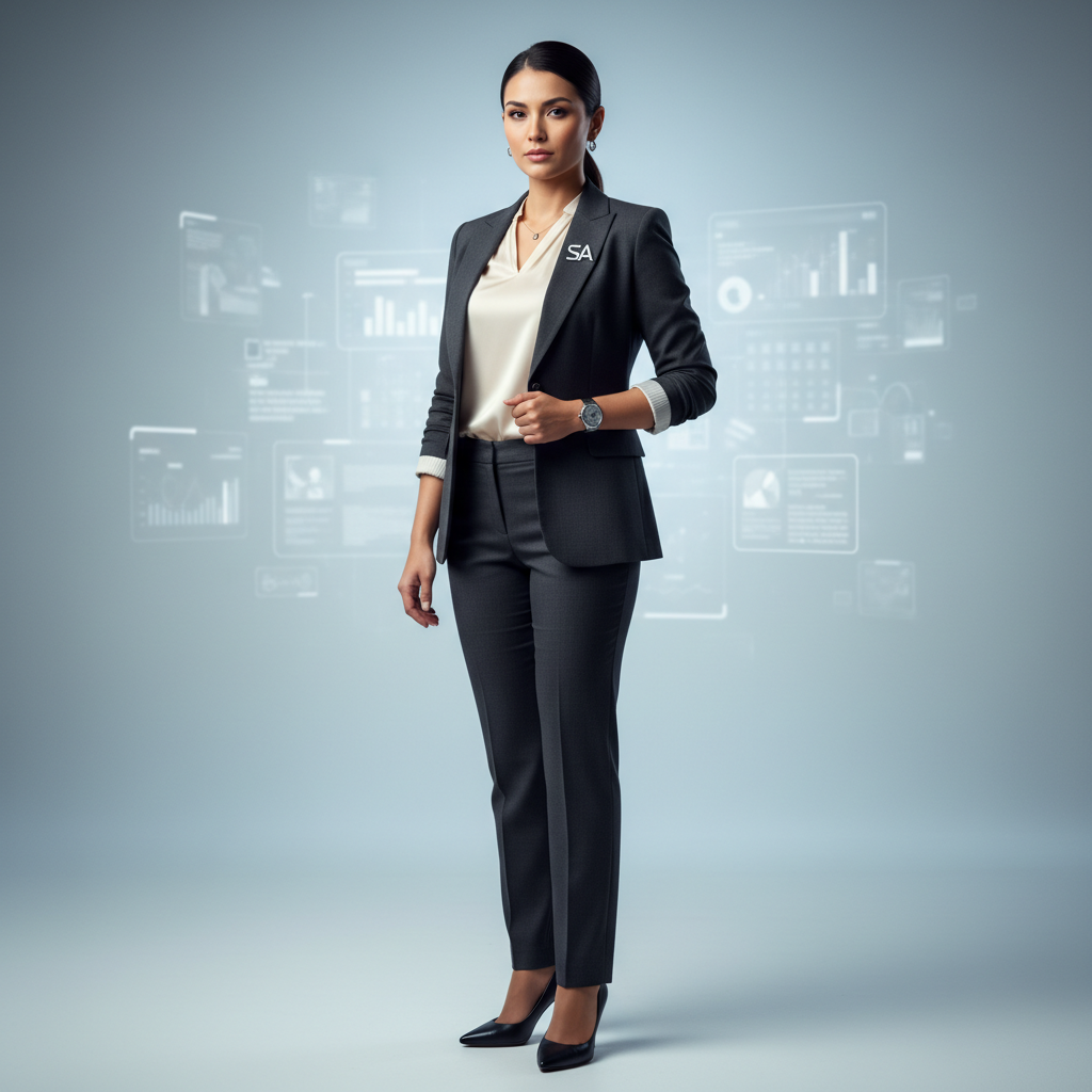 Professional woman in dark business attire against dark background, confident pose, low-key studio lighting with deep shadows