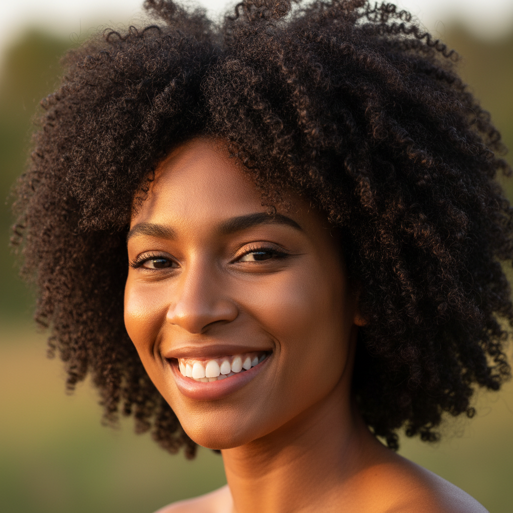 Beautiful African woman with healthy natural hair in bright sunlight