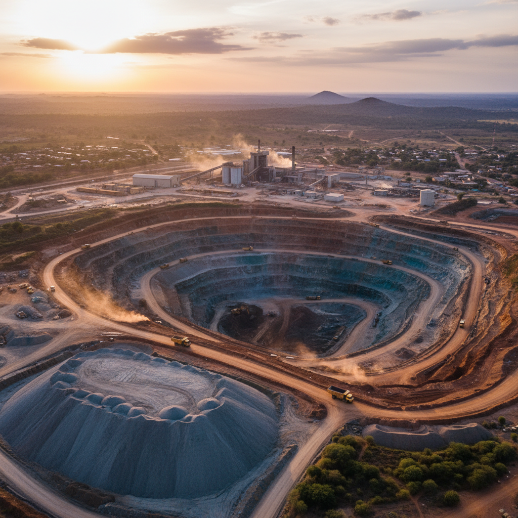Open pit mine at dusk, heavy machinery, industrial lighting, dark atmospheric sky