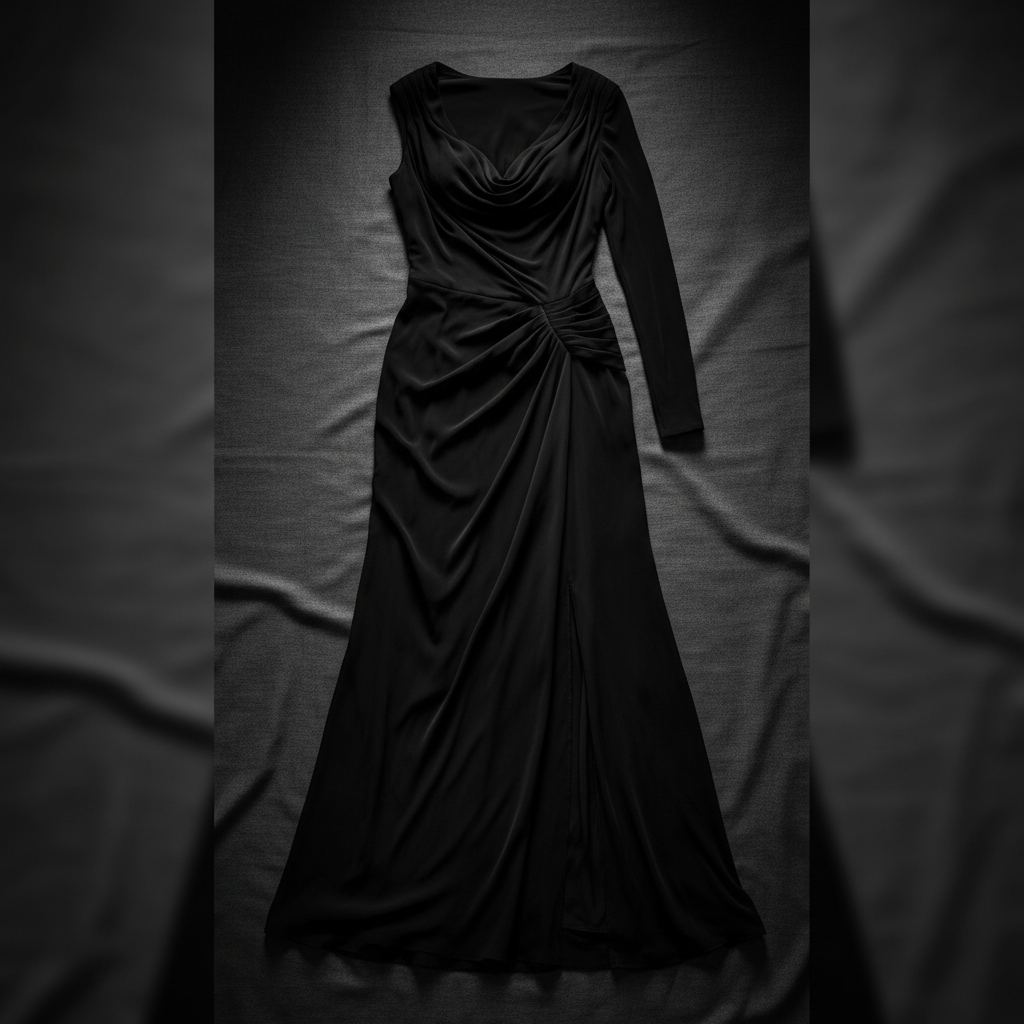 Crimson silk gown design preview, dark moody studio lighting