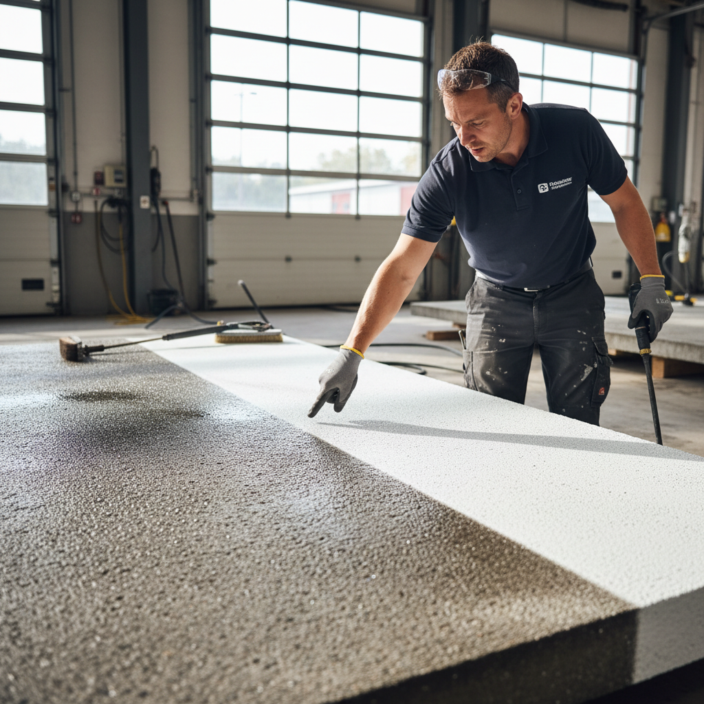 Lead technician mid-explanation pointing at half-cleaned concrete slab showing razor-sharp boundary between black grime and bone-white surface