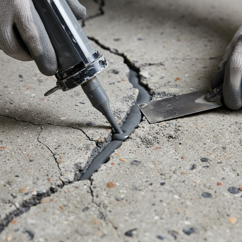 Close up of concrete crack being filled and repaired before coating
