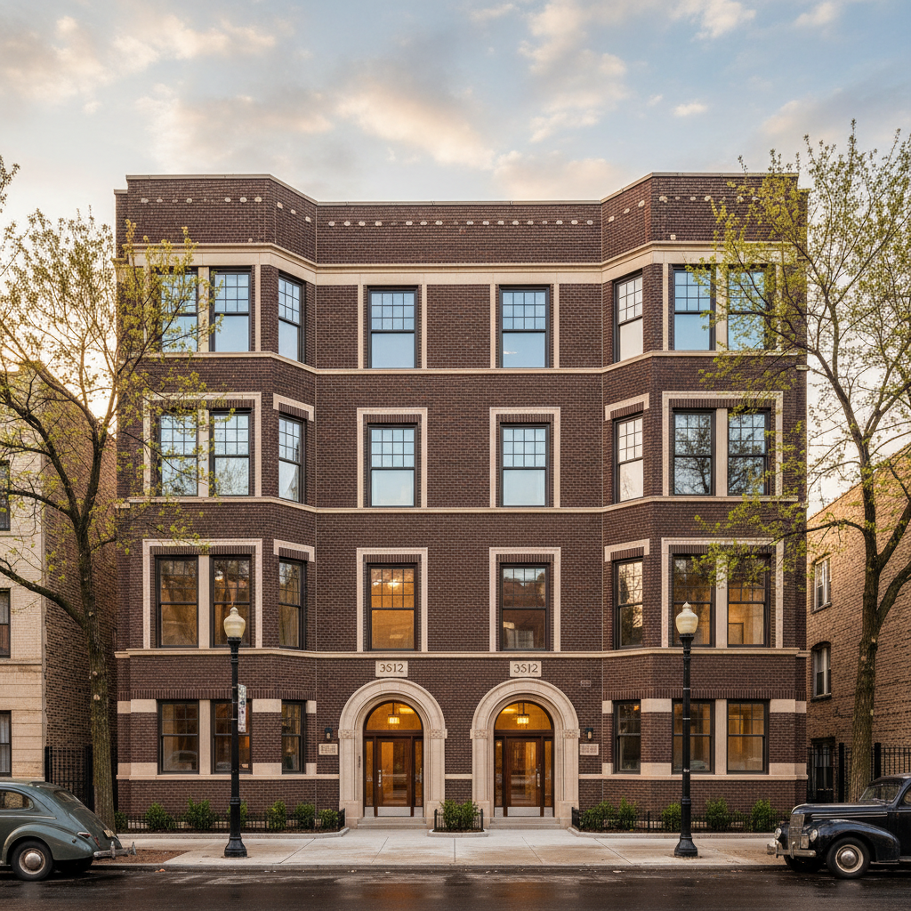 Pre-war six-flat apartment building at 3512 W Division Street with restored mortar joints