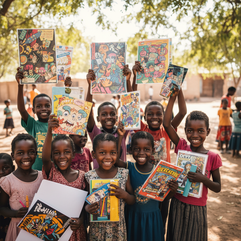 Excited young African children in school uniforms holding up their new school bags and supplies on enrollment day