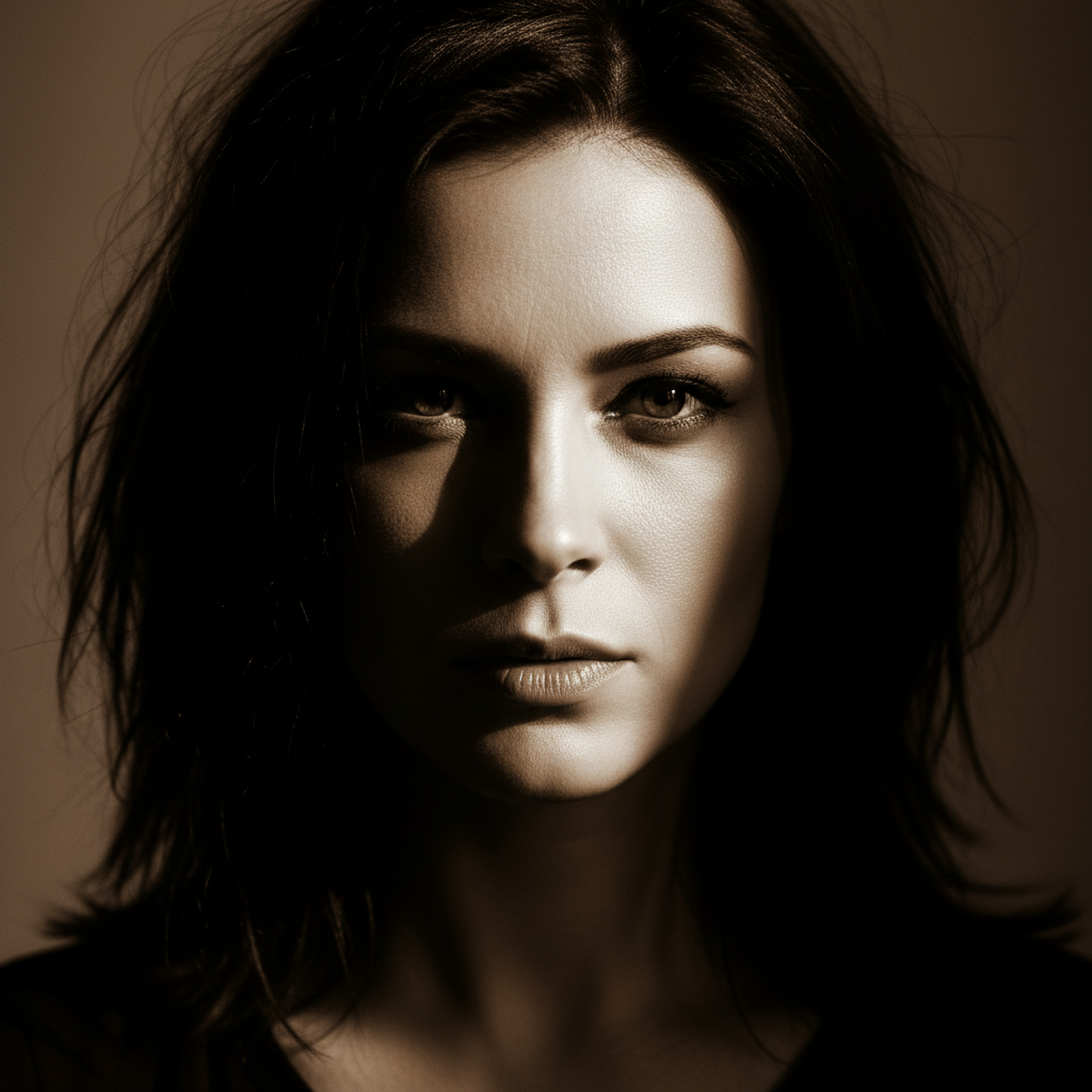 Actor headshot — woman with bold expression, dramatic lighting