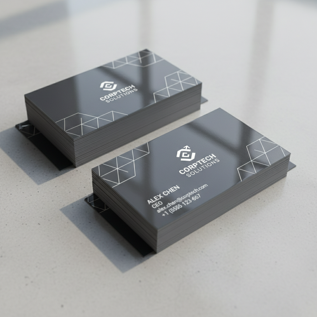 Stack of professional business cards with modern minimal design on dark background