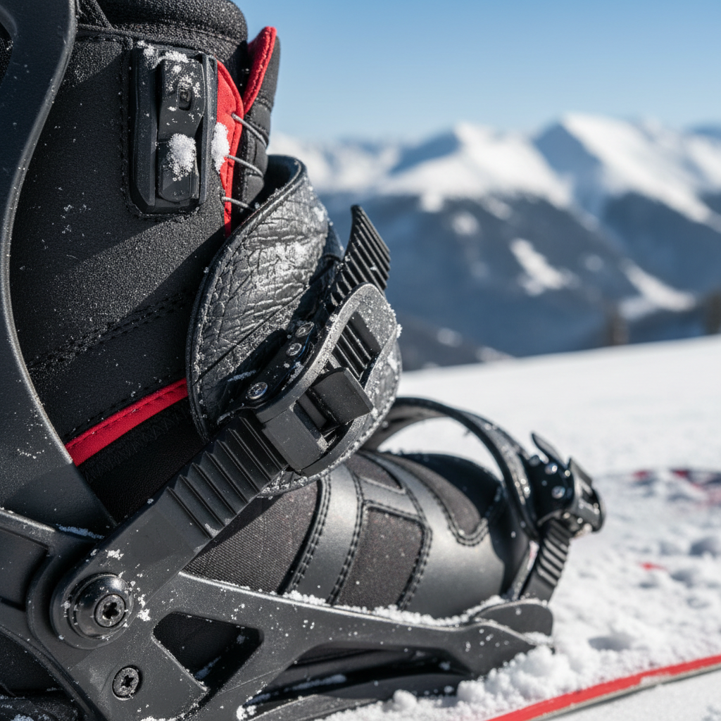 Close-up of snowboard bindings clicking in at the top of the run