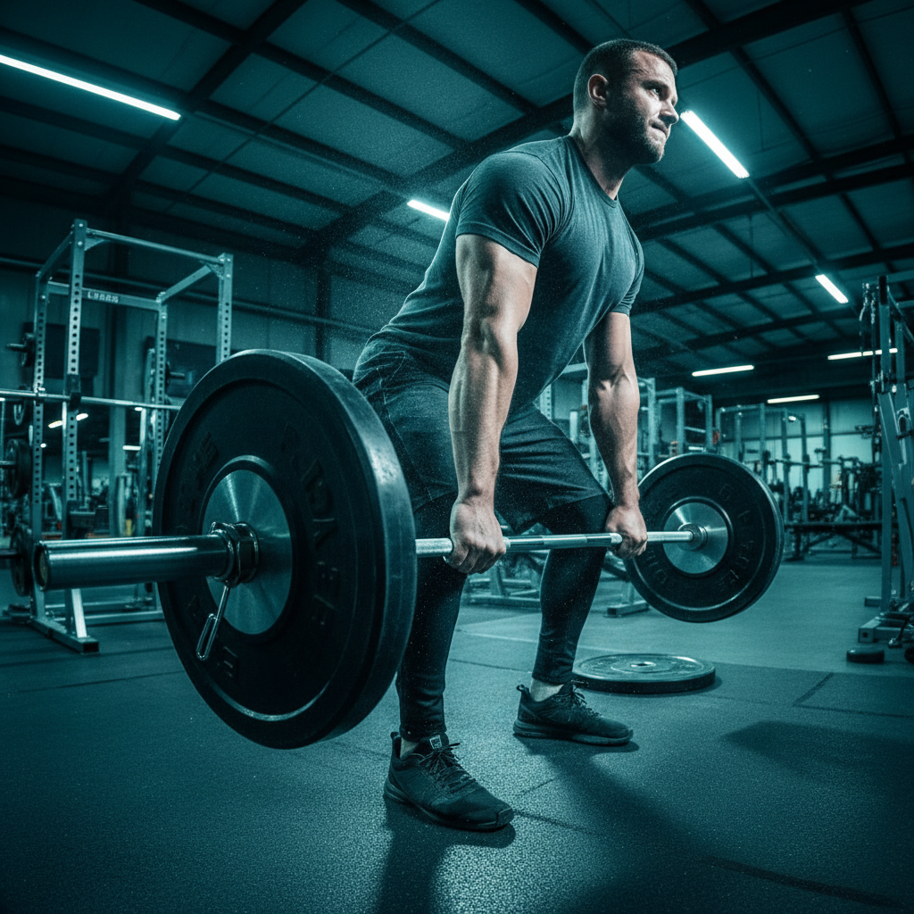 Heavy barbell on a squat rack in a dark powerlifting gym with chalk dust in the air