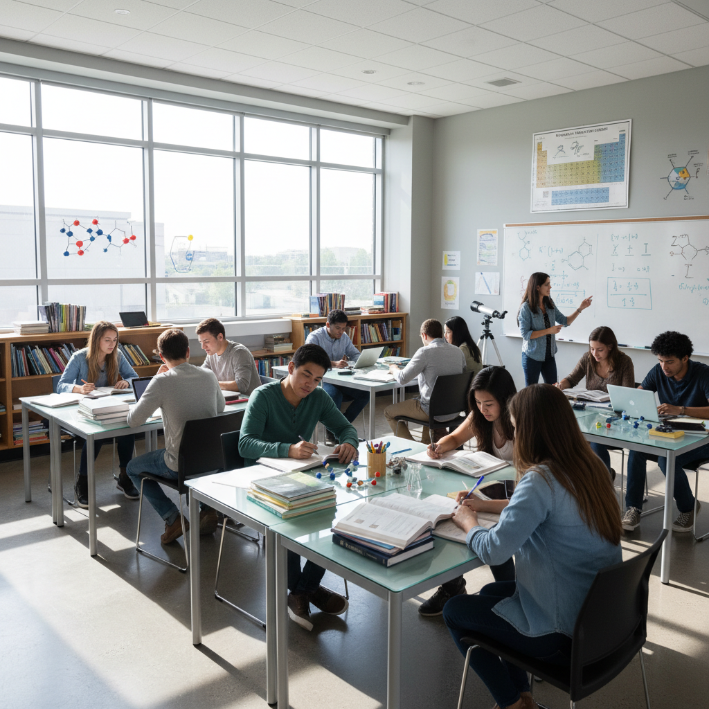 Students in a modern Indian school classroom with teacher writing on blackboard