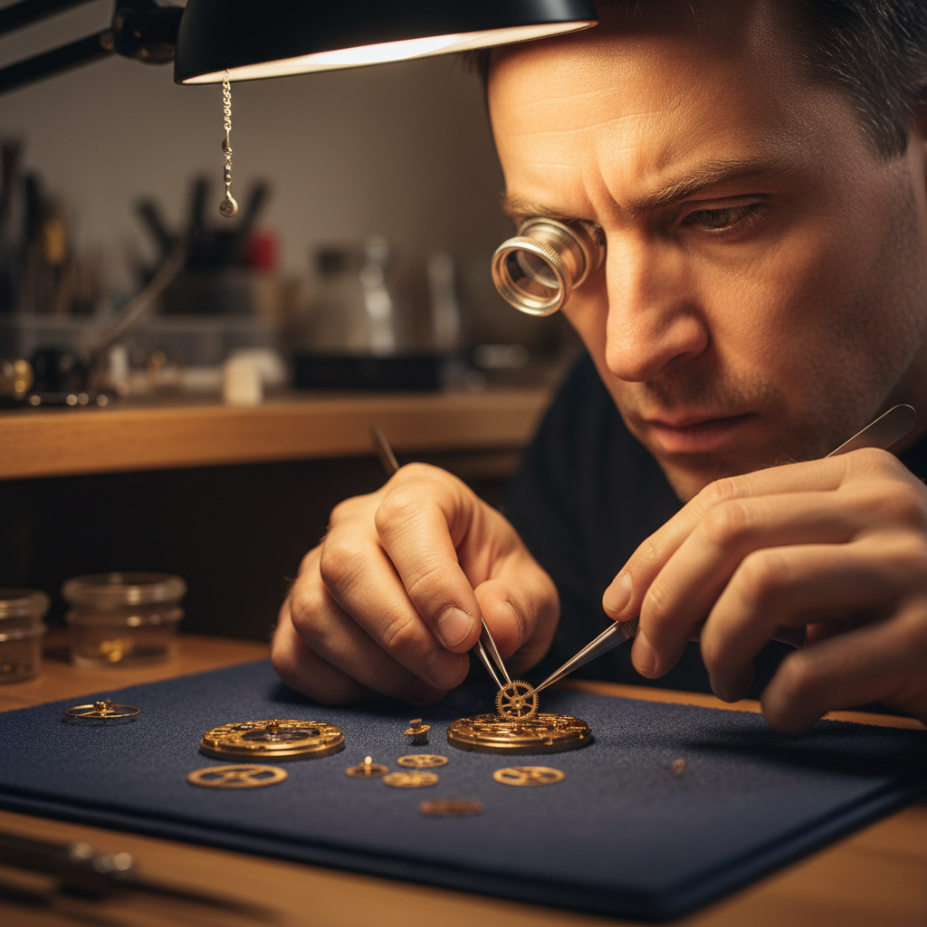 Watch movement assembly under magnification, watchmaker tweezers and tiny components, dim workshop light