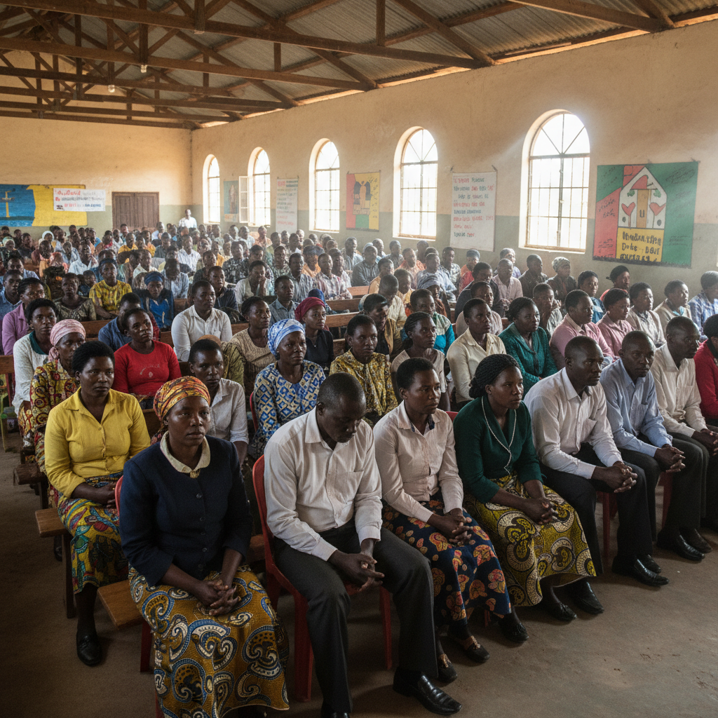 African community members gathered around a table in discussion, warm interior lighting, expressions of engagement