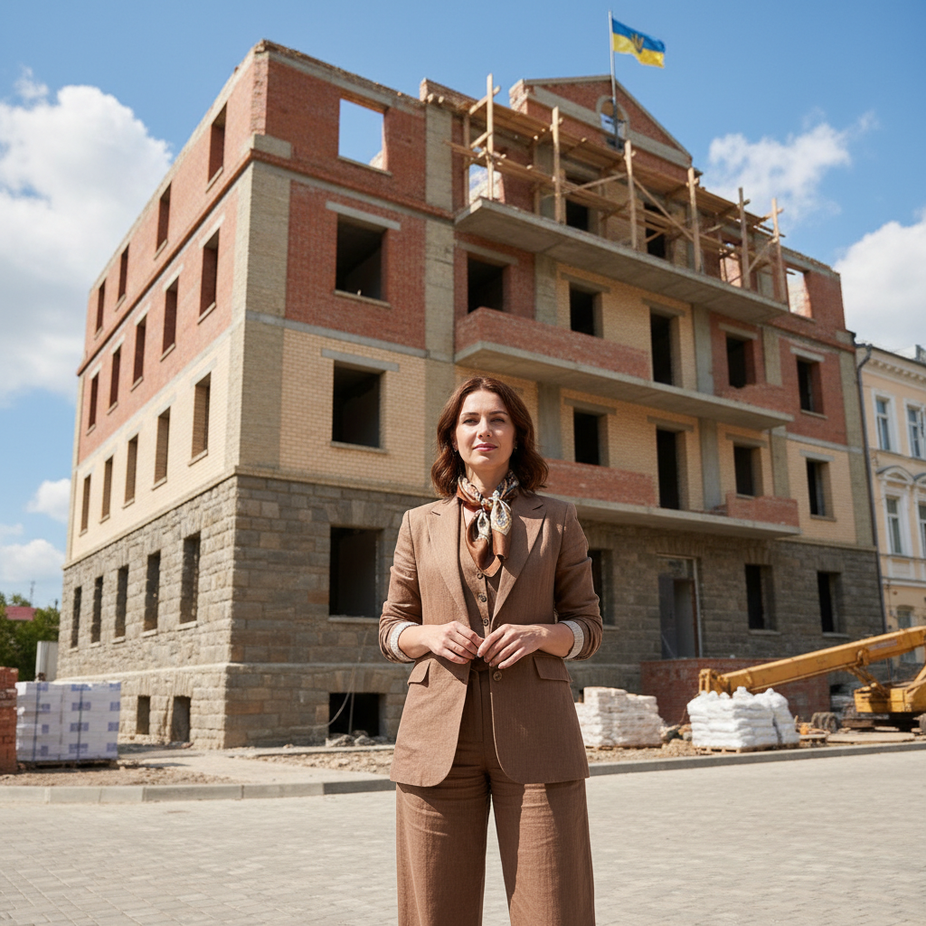 Woman standing in front of a rebuilt building in Ukraine