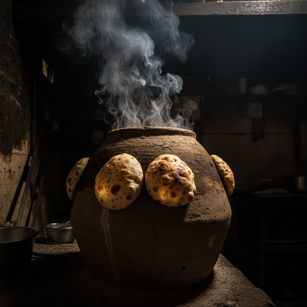 Indian chef in white uniform placing fresh naan bread into a clay tandoor oven with glowing embers