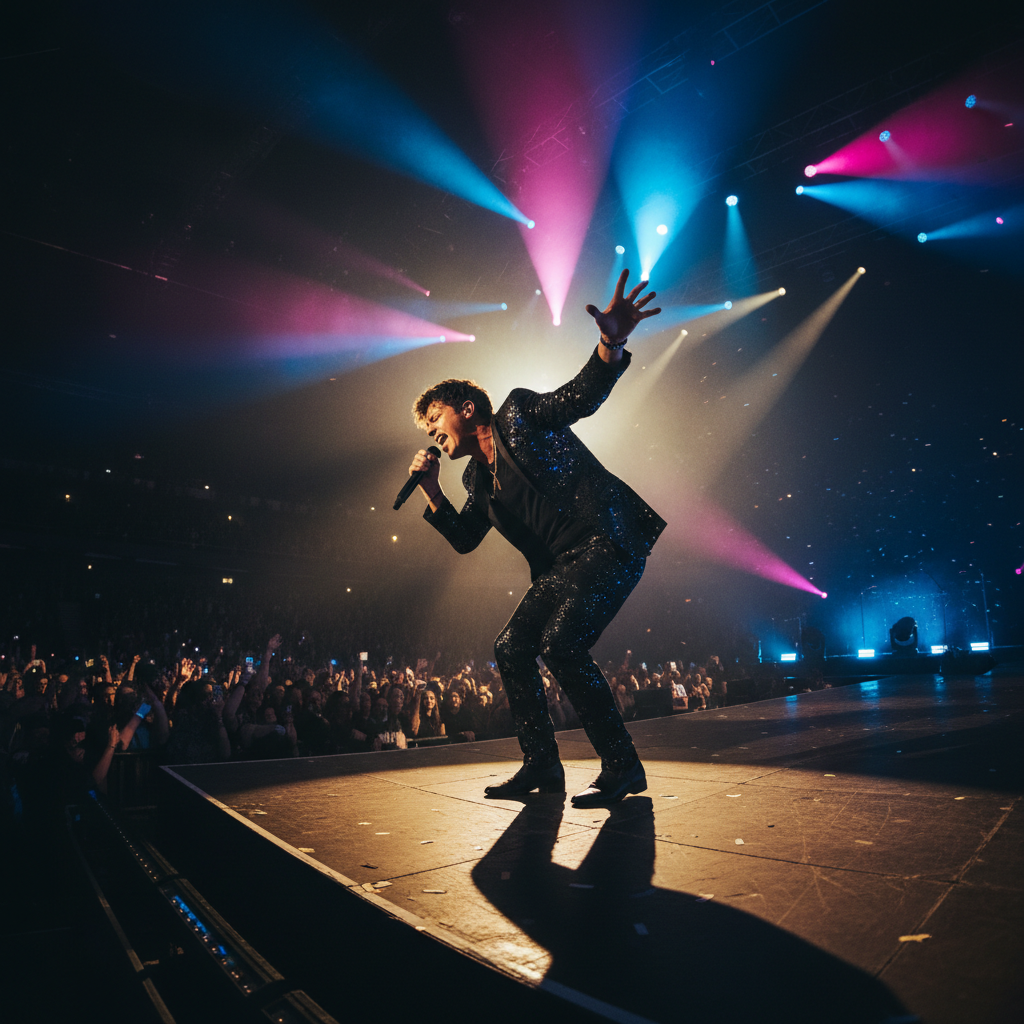 Artist performing under concert lighting with dramatic shadows and crowd silhouettes