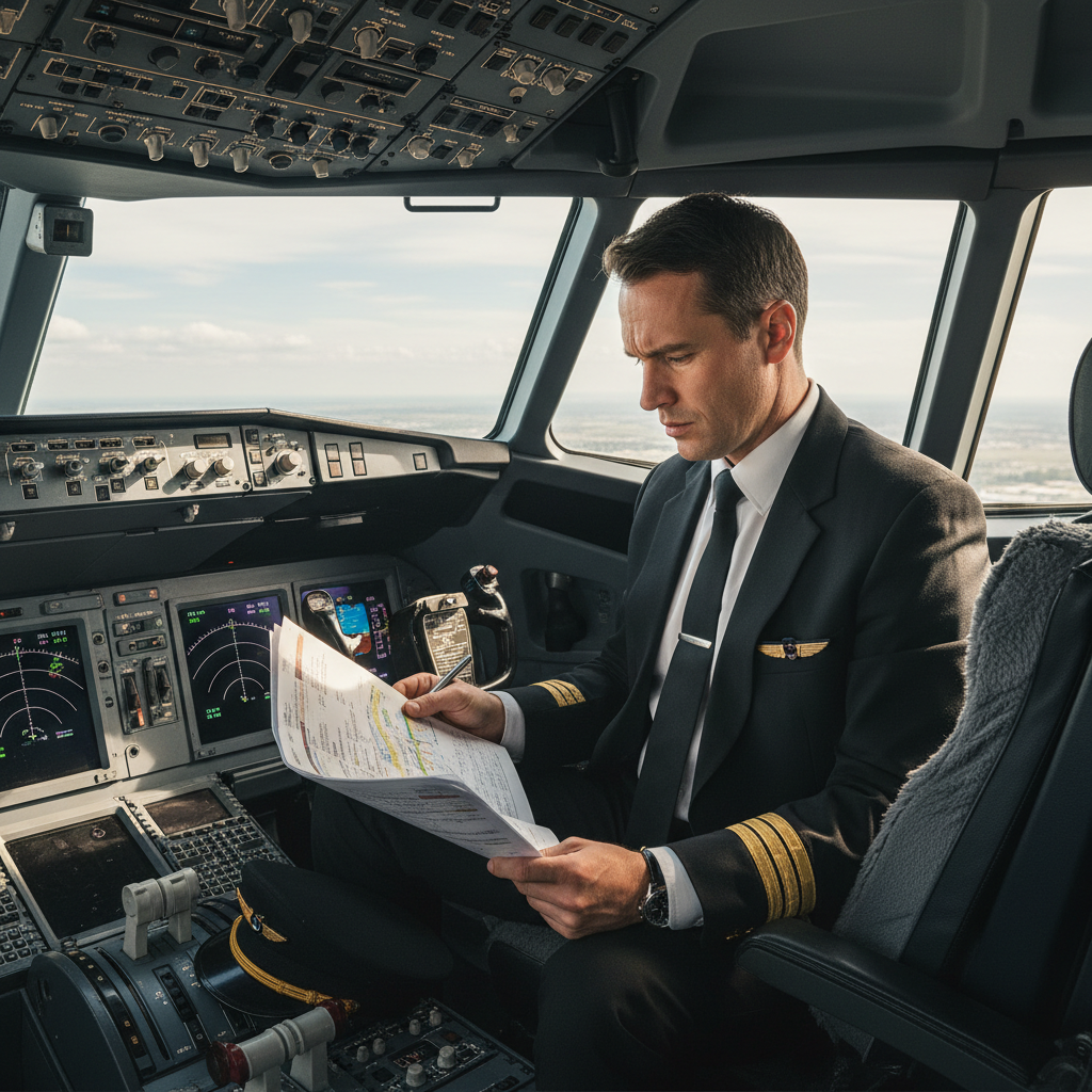 Commercial pilot in uniform reviewing flight documents in cockpit