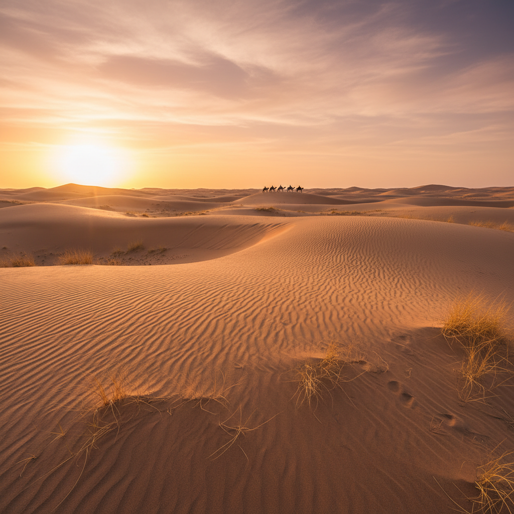 Coucher de soleil sur les grandes dunes de sable rouge de l'Erg Chebbi avec tentes berbères au premier plan