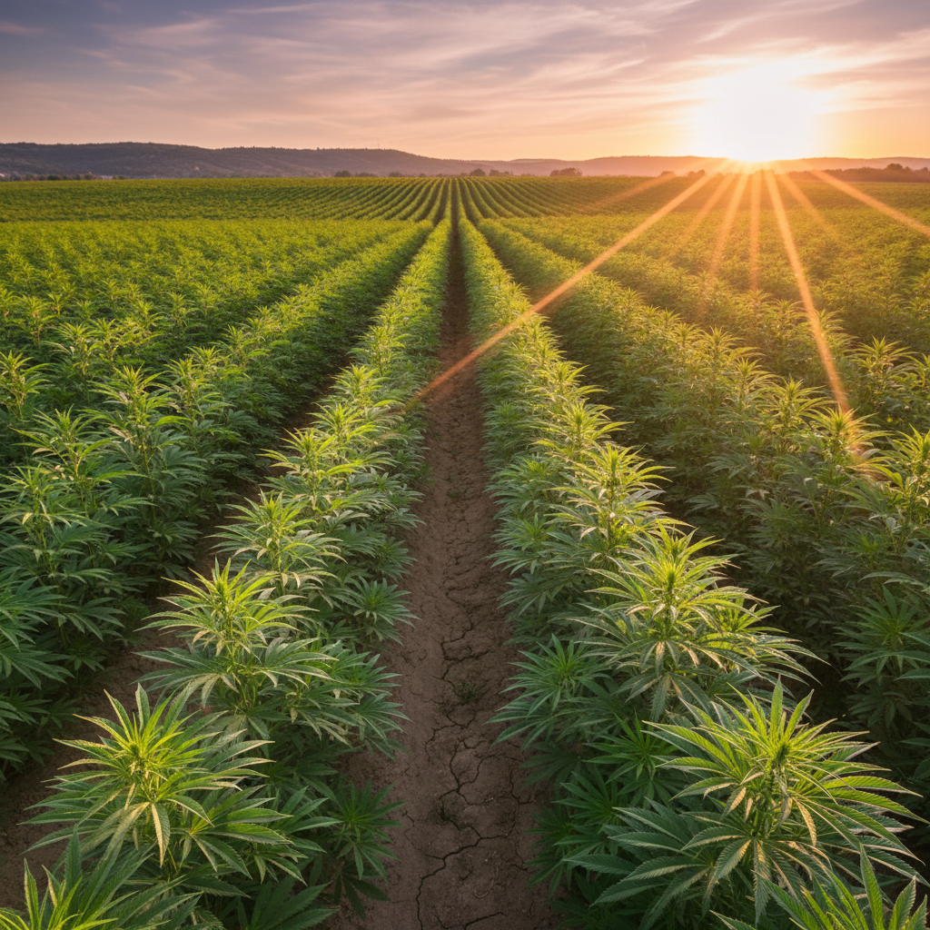 Wide view of hemp field rows at golden hour with soft lens flare