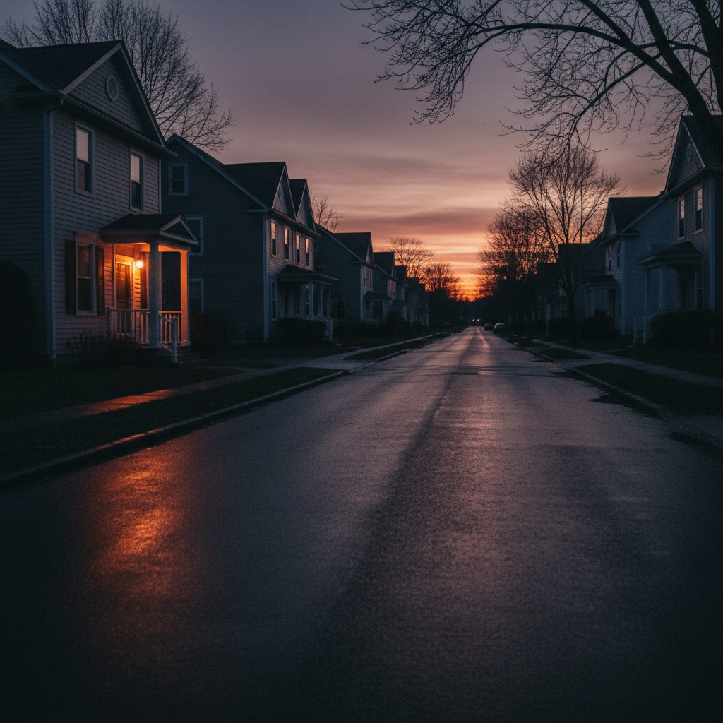 Dimly lit residential street at dusk with a single porch light flickering and darkened windows