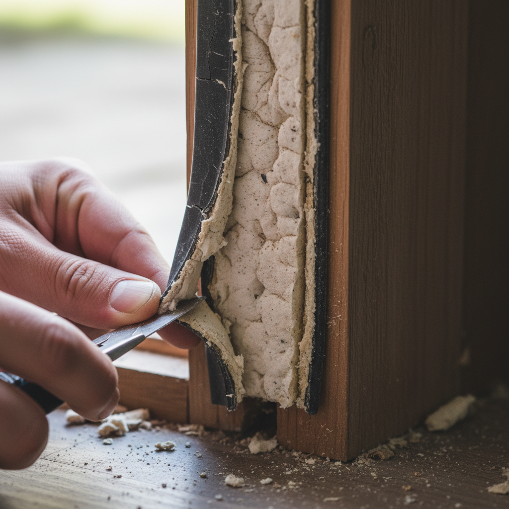 Worker peeling away old cracked weatherstripping from a door frame showing compressed foam