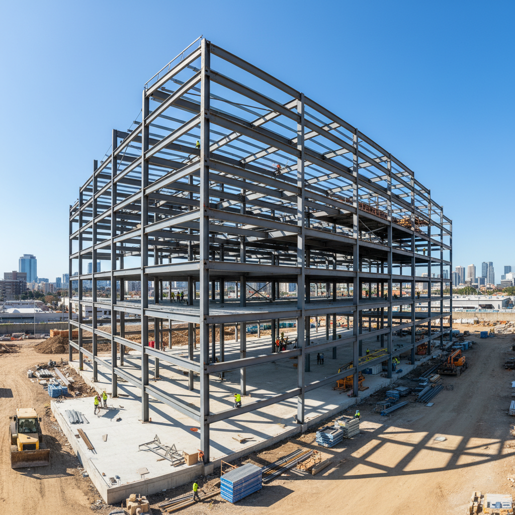 Large commercial building under construction, steel framework silhouetted against overcast sky, industrial scaffolding, deep shadows
