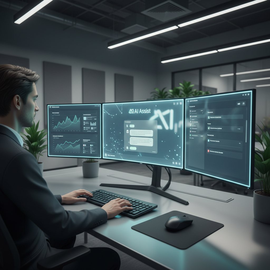 Customer support representative at desk with multiple monitors showing chat interfaces in bright modern office with natural light