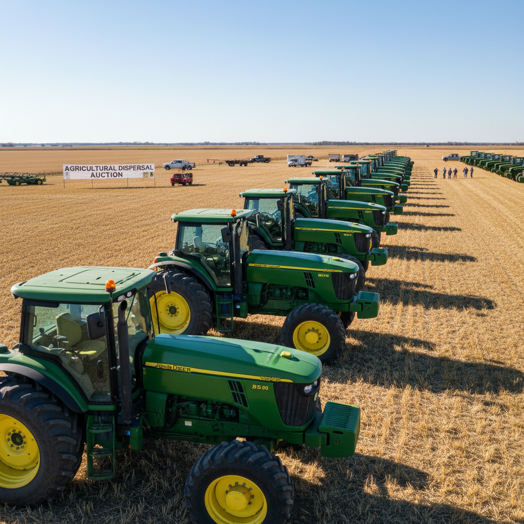 Line of John Deere tractors and farm equipment staged in a field for agricultural dispersal auction