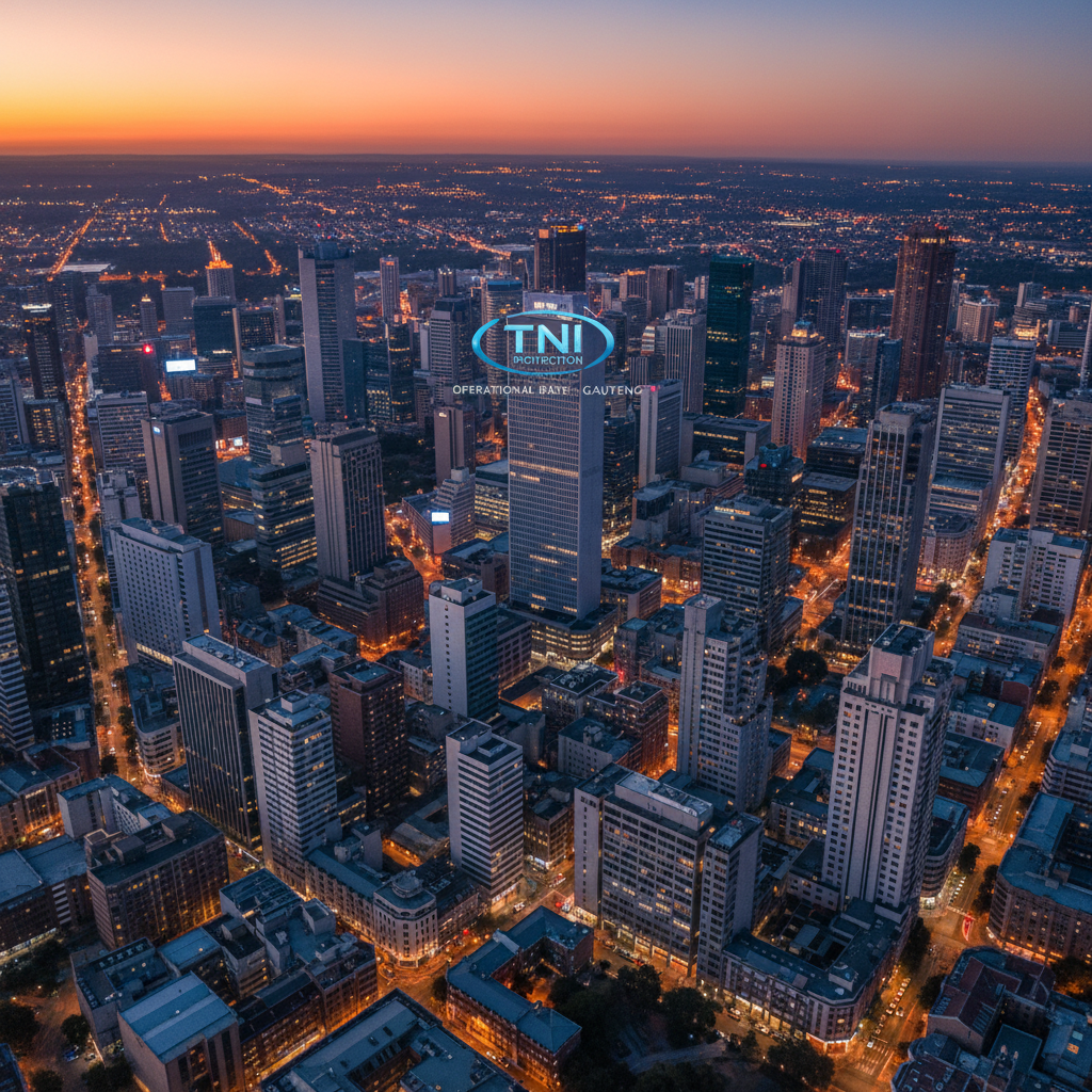Aerial view of Sandton Johannesburg skyline showing luxury residential towers and commercial property development at dusk