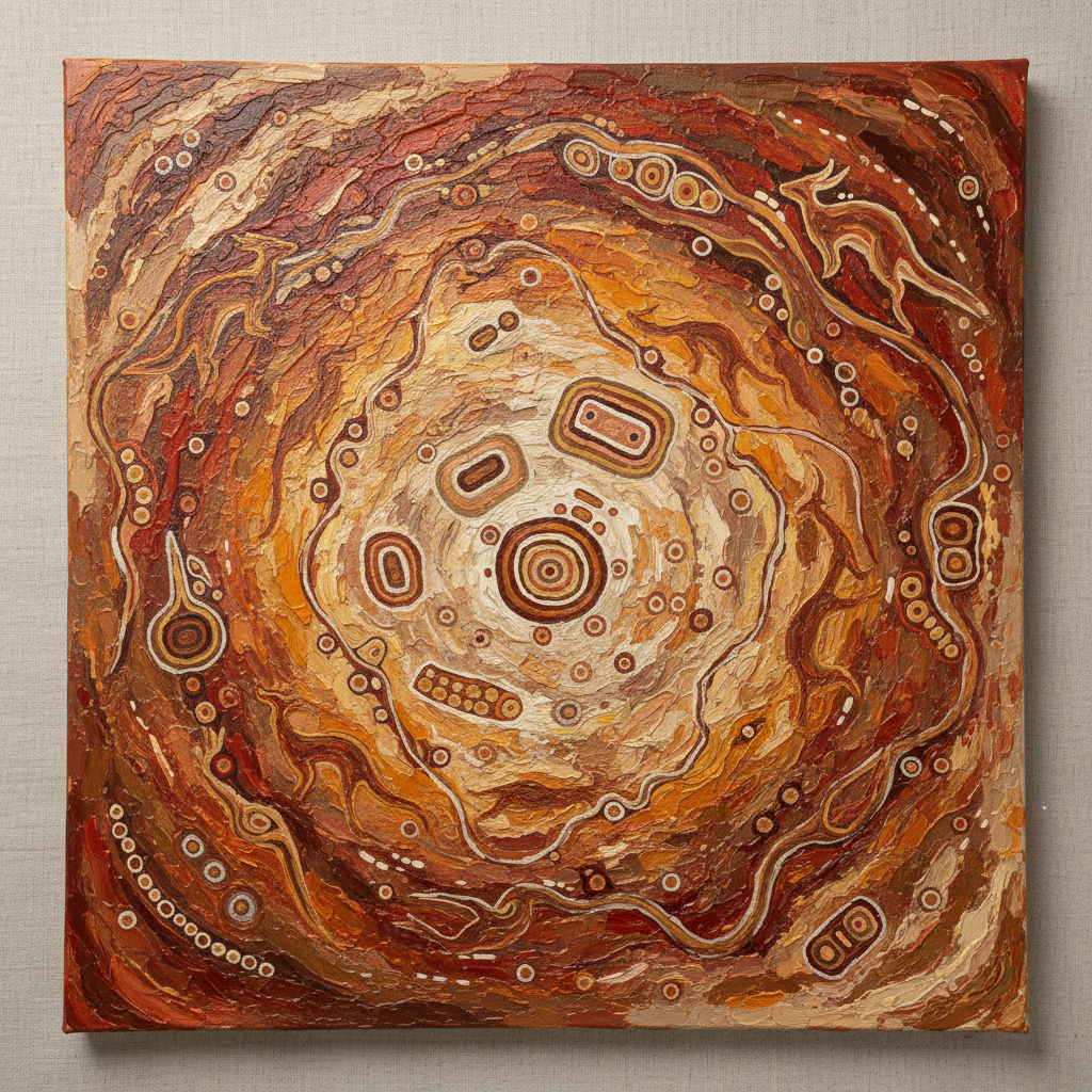 Acrylic dreamtime canvas with ochre and earth tones