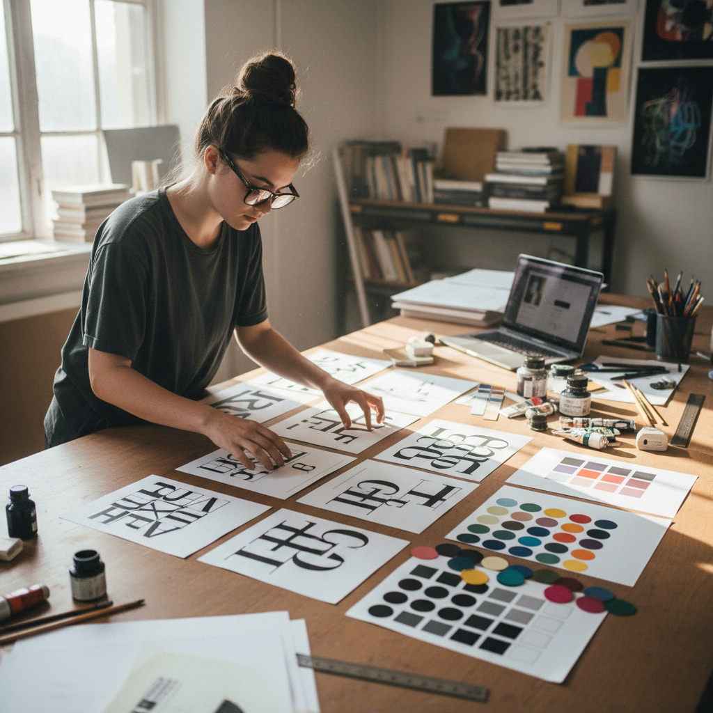 Graphic design student arranging typographic layouts and colour swatches on a large studio table