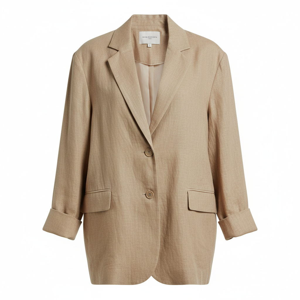 Ivory oversized linen blazer laid flat on white surface