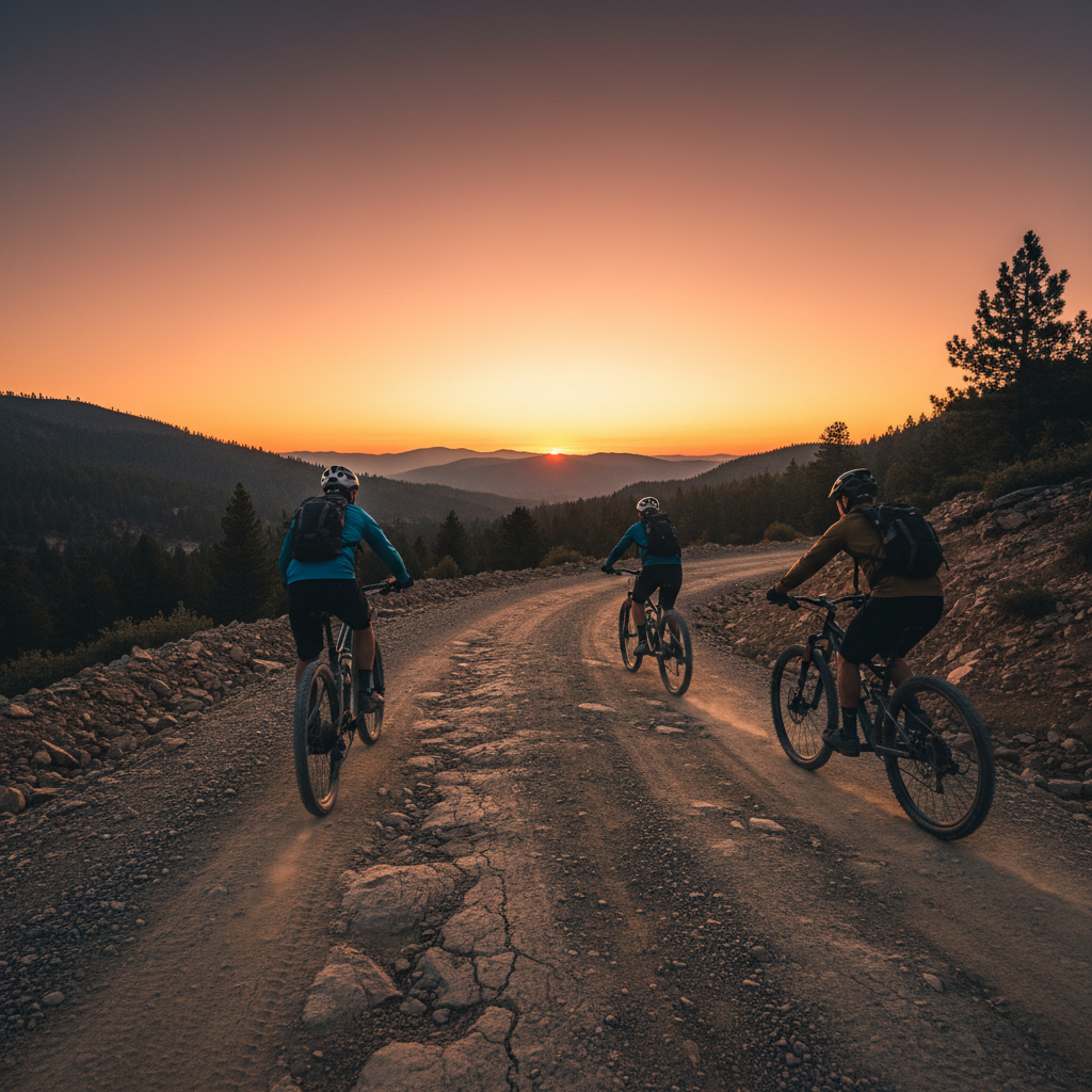 Mountain bikers climbing fire road at dawn, silhouettes against orange sky
