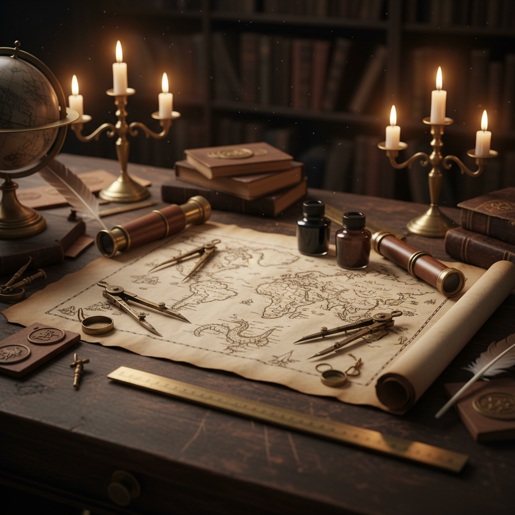Ancient cartography tools spread on a wooden desk with candlelight — research photo for The Cartographer of Lost Hours