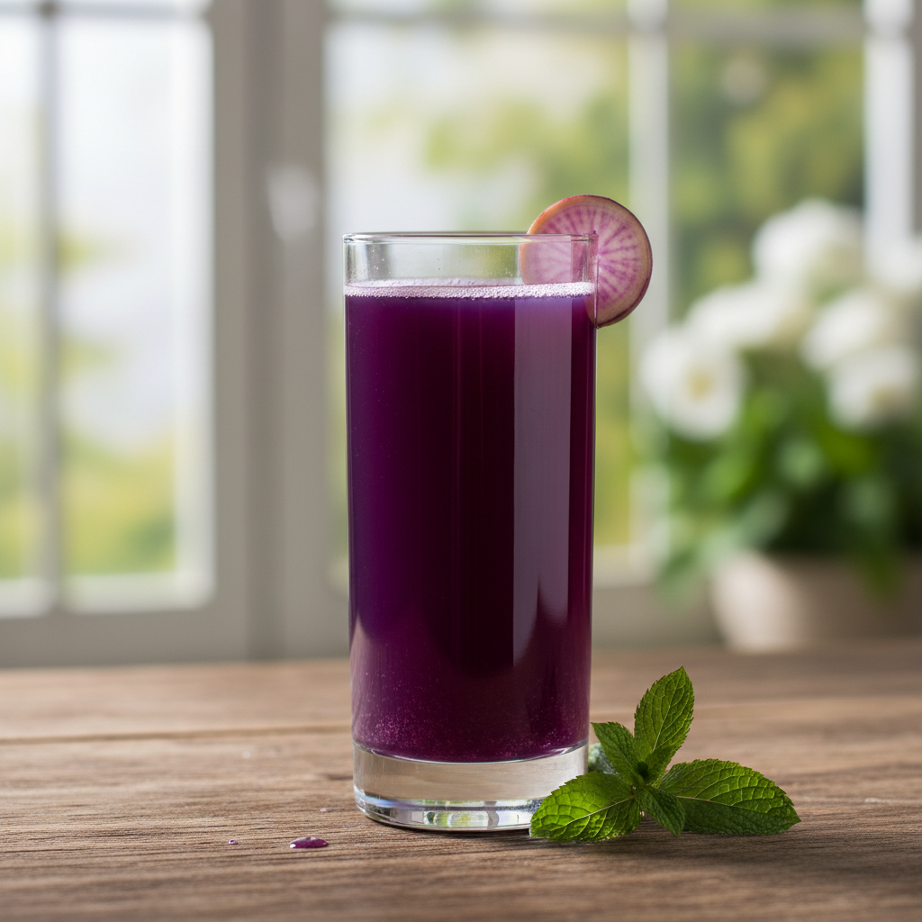 Dark purple jamun bitter gourd aloe vera shot glass with fresh ingredients on blue-tinted surface natural daylight