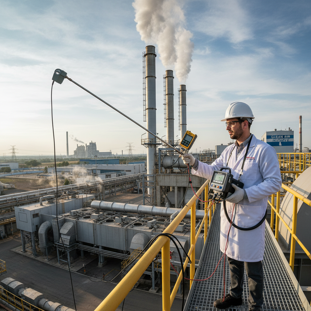Environmental auditor using calibrated measurement instruments to test industrial emissions at a factory