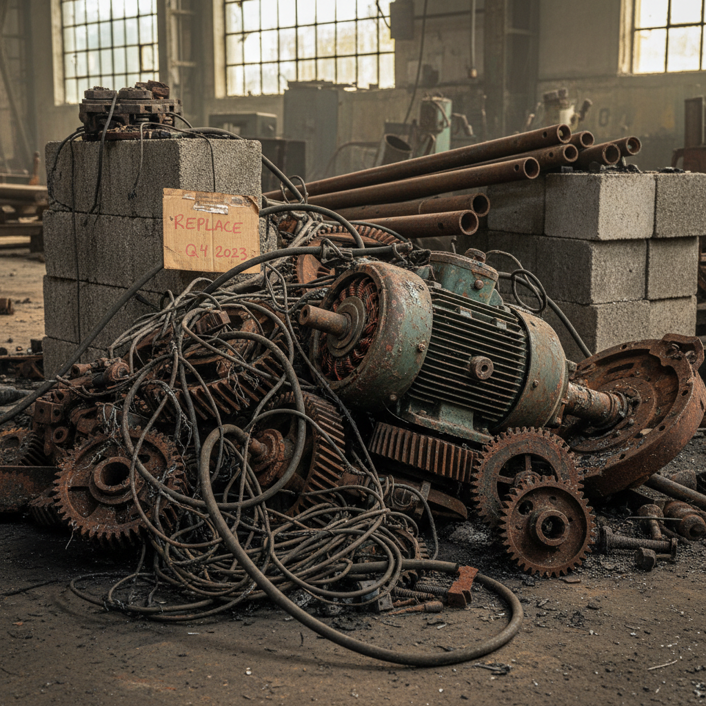 Industrial factory floor with old machinery and metal scrap
