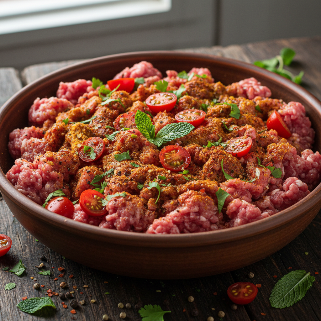 Raw minced lamb mixture with spices and chopped tomatoes in a bowl