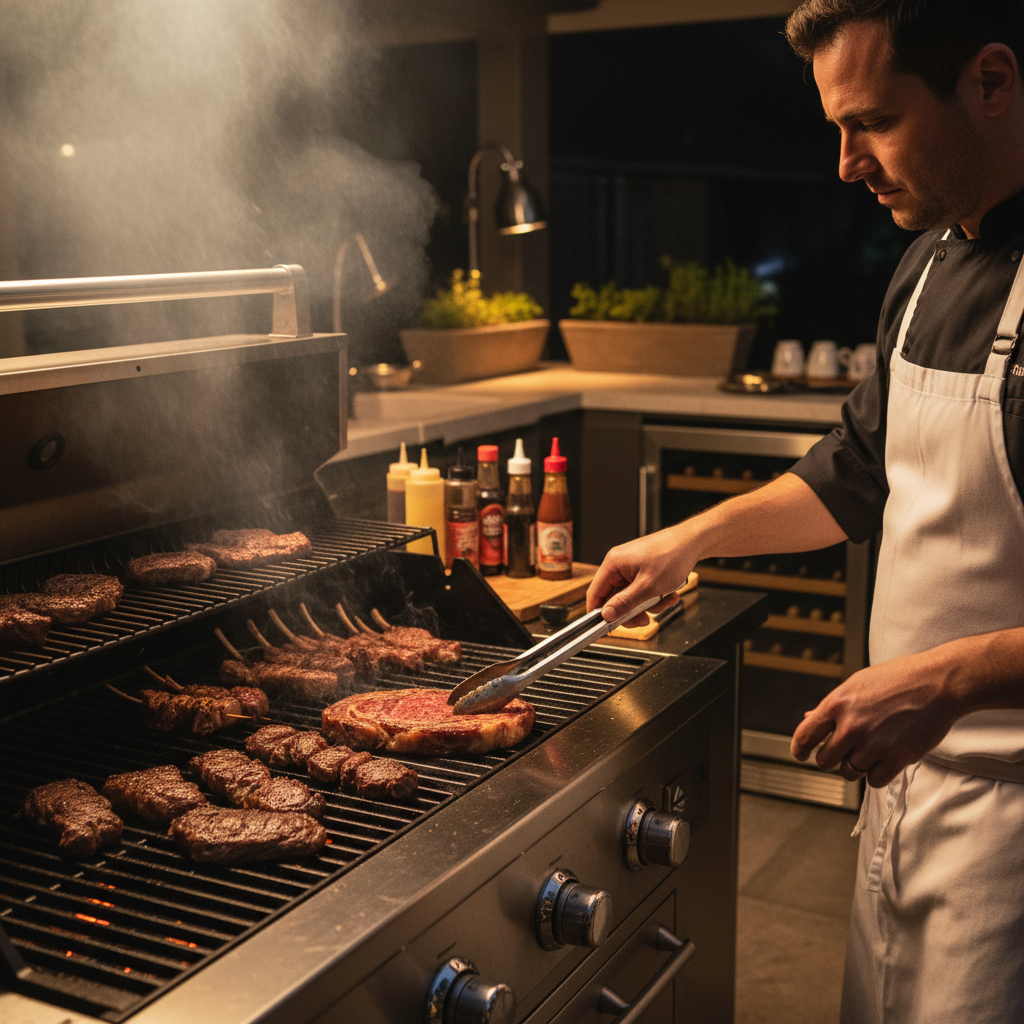 Churrasco profissional sendo preparado em evento, carne nobre na brasa com fumaça e brasas incandescentes em ambiente escuro e sofisticado