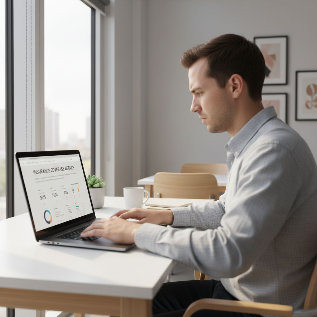 Person filling out survey form on laptop in bright modern home office, natural window light, productive work environment