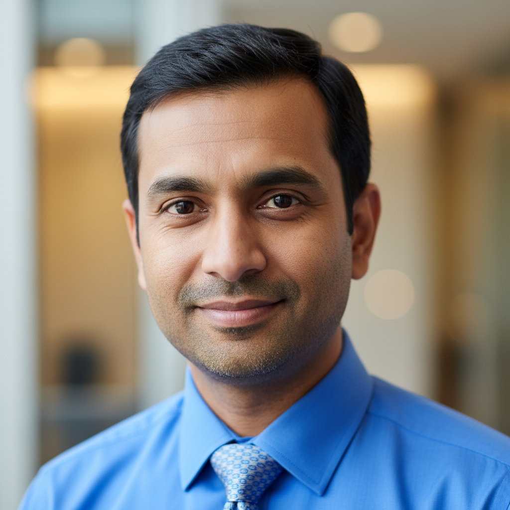 Indian businessman in blue shirt, professional headshot, neutral background