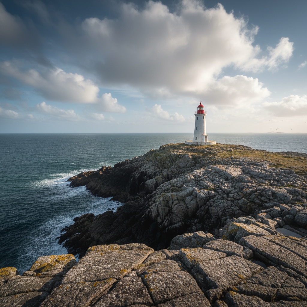 Lighthouse on rocky headland at the Butt of Lewis, Atlantic ocean stretching to the horizon under vast sky