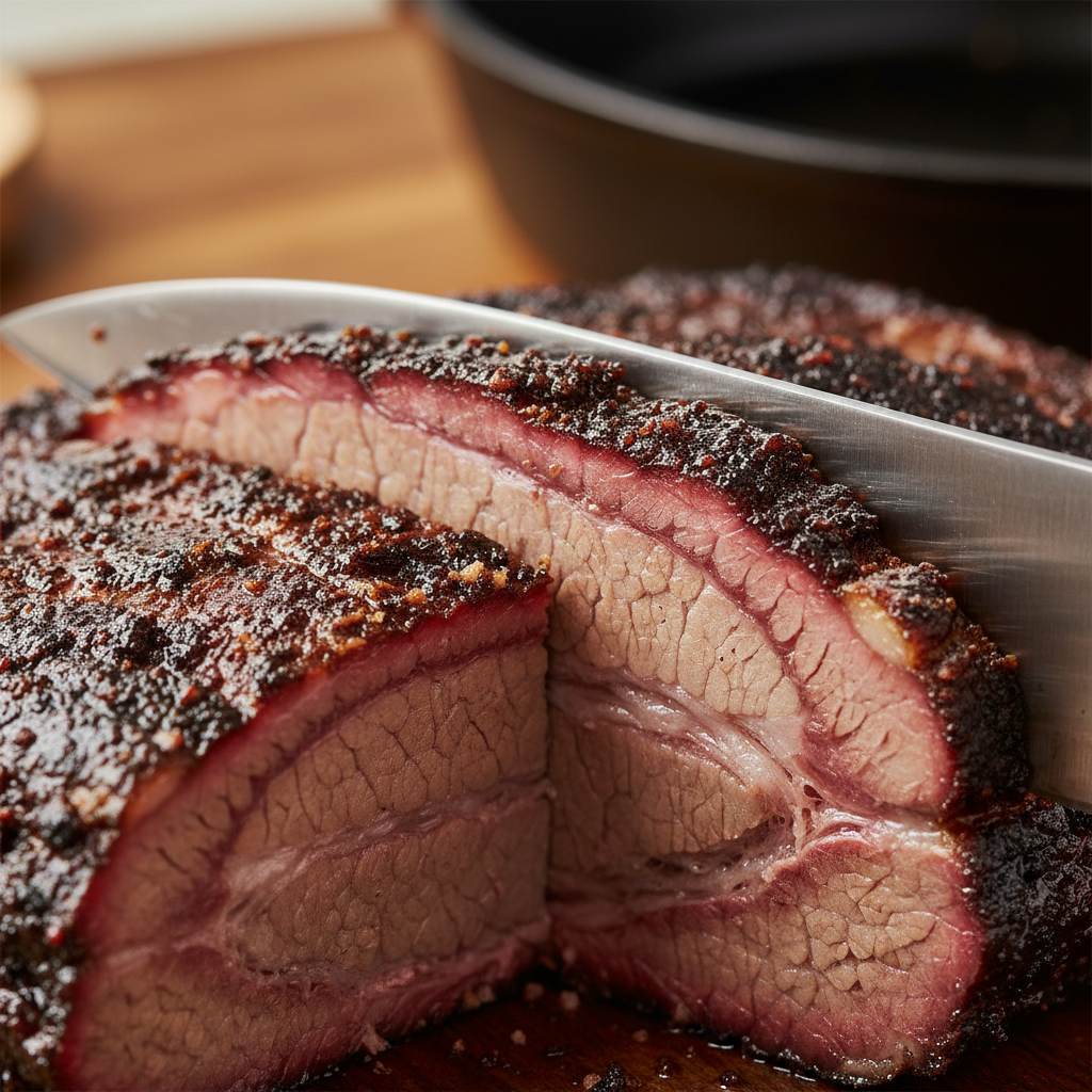 Knife mid-slice through fatty brisket flat revealing smoke ring