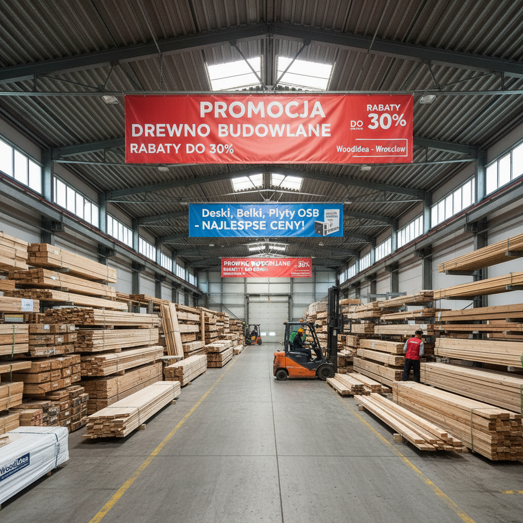 Large lumber warehouse with forklift moving pallets of materials, bulk inventory management