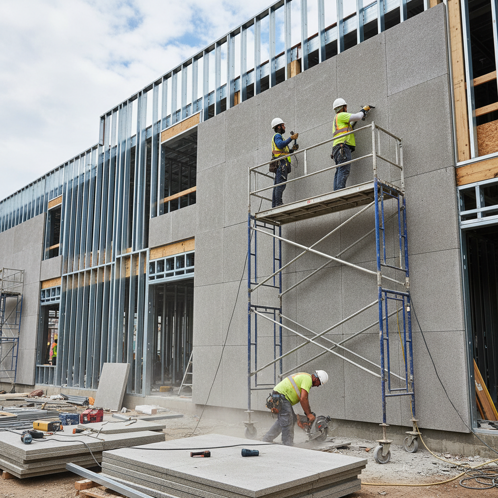 WPC wood-plastic composite cladding panels on building exterior facade